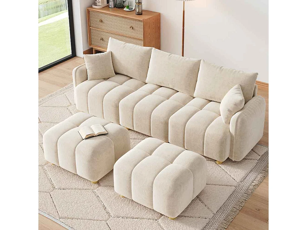 Sofà modulare angolare L/U 5 posti con 2 pouf, design comfort, ampi braccioli, per soggiorno, camera da letto, appartamento