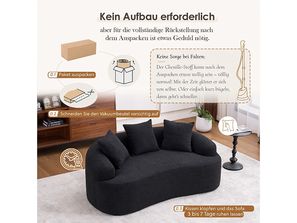 2-Sitzer-Modulsofa aus weichem Chenille, modernes geschwungenes Design mit Kissen, kompakter Komfort