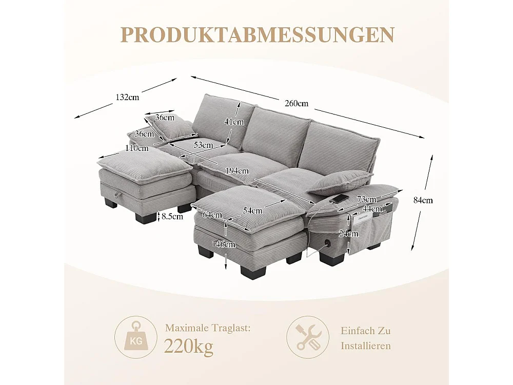Modulaire 3 places avec 2 poufs – assise large ergonomique, mousse haute densité, USB-C intégré et poches latérales, idéal salon ou bureau