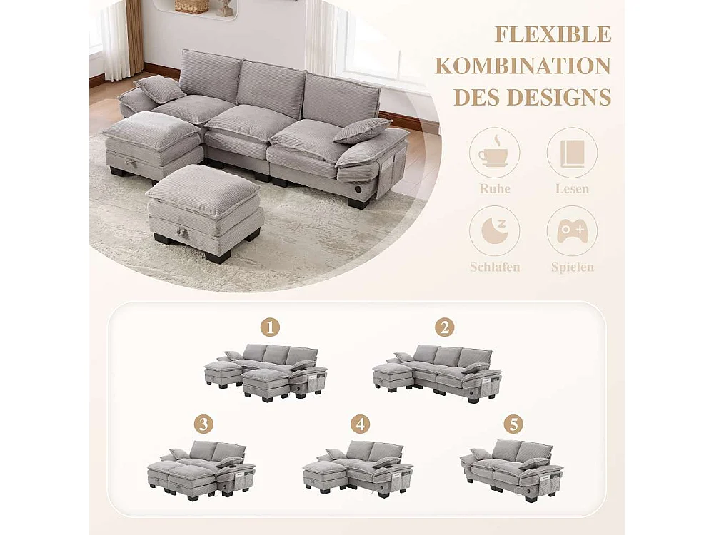Modulaire 3 places avec 2 poufs – assise large ergonomique, mousse haute densité, USB-C intégré et poches latérales, idéal salon ou bureau