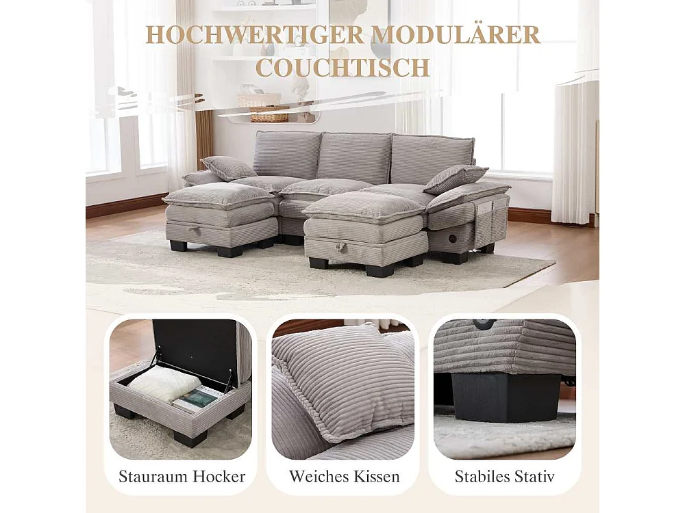 Modulaire 3 places avec 2 poufs – assise large ergonomique, mousse haute densité, USB-C intégré et poches latérales, idéal salon ou bureau