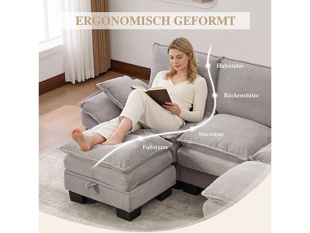 Modulaire 3 places avec 2 poufs – assise large ergonomique, mousse haute densité, USB-C intégré et poches latérales, idéal salon ou bureau