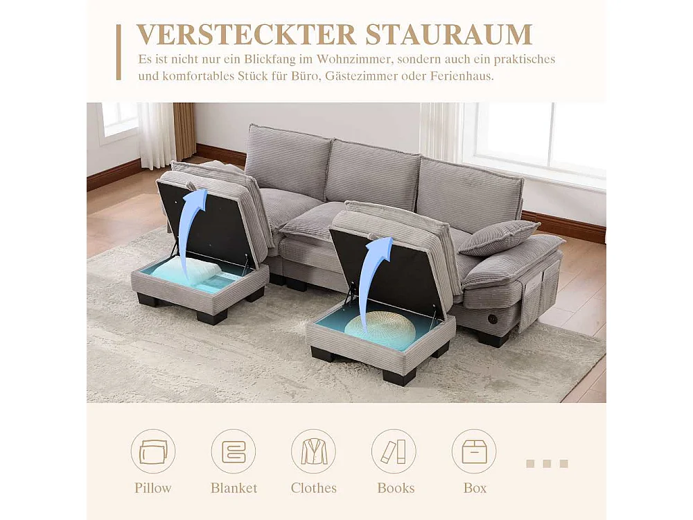 Modulaire 3 places avec 2 poufs – assise large ergonomique, mousse haute densité, USB-C intégré et poches latérales, idéal salon ou bureau