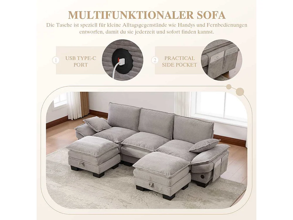 Modulaire 3 places avec 2 poufs – assise large ergonomique, mousse haute densité, USB-C intégré et poches latérales, idéal salon ou bureau
