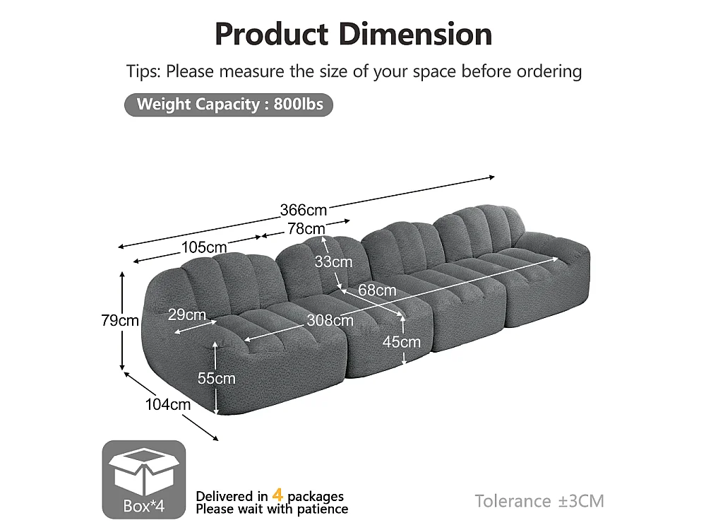 Canapé modulaire 4 places, forme en coquillage, sans armature, mousse haute densité 32D, assise très confortable, tissu moelleux, salon