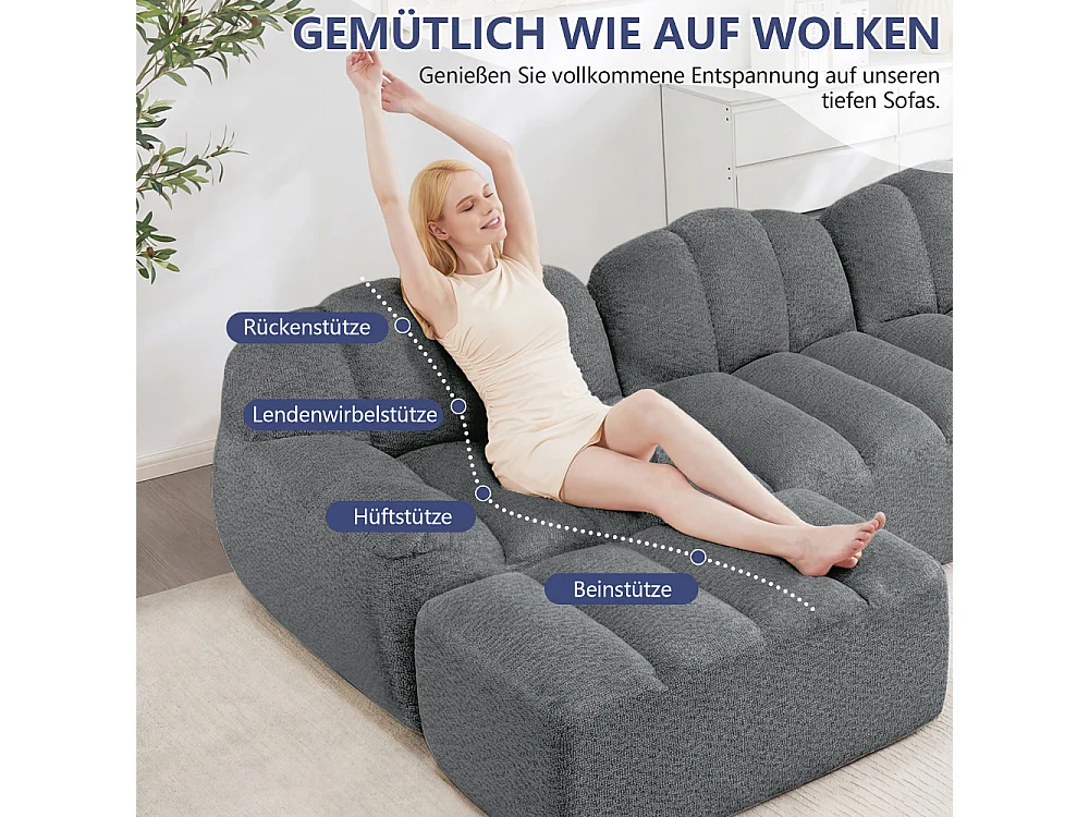 Canapé modulaire 4 places, forme en coquillage, sans armature, mousse haute densité 32D, assise très confortable, tissu moelleux, salon