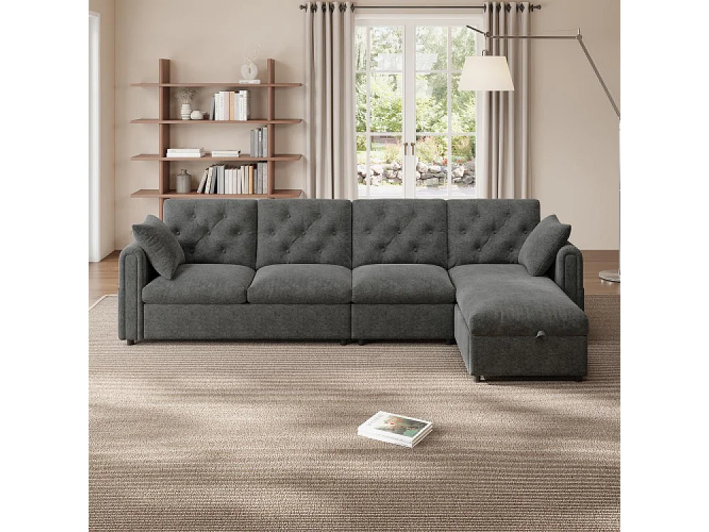 Canapé d’angle en velours moderne avec rangement, dossiers et accoudoirs réglables, poches pour magazines