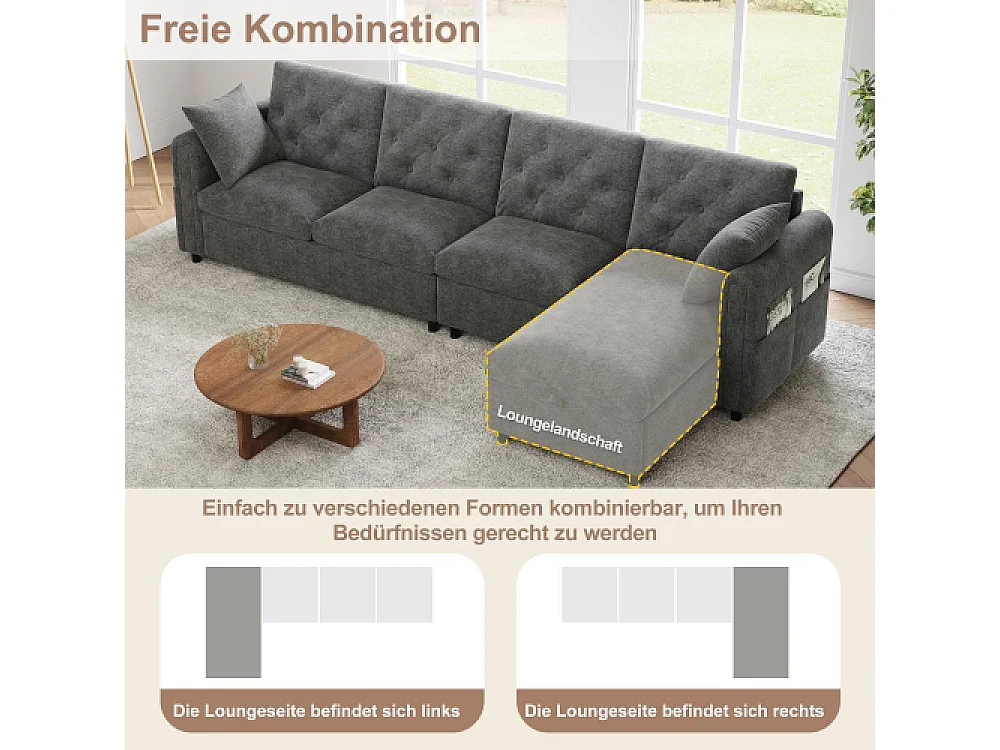 Canapé d’angle en velours moderne avec rangement, dossiers et accoudoirs réglables, poches pour magazines
