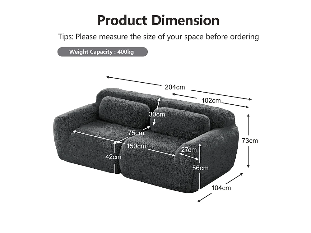 2-Sitzer, modulares, rahmenloses Sofa, Plüschstoff, 32D-Wolkenschaum, rutschfest, bequem, Wohnzimmer.