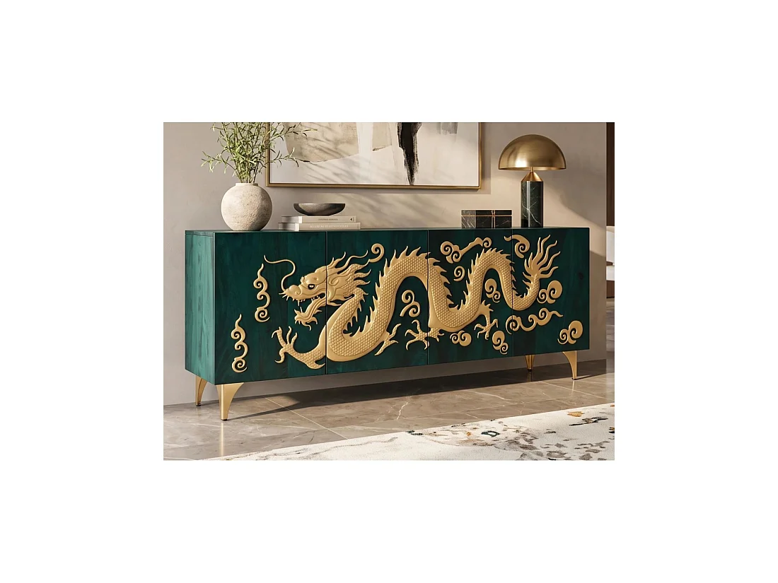 Buffet RYUJIN 177 cm – Bois de manguier turquoise et doré – 4 portes