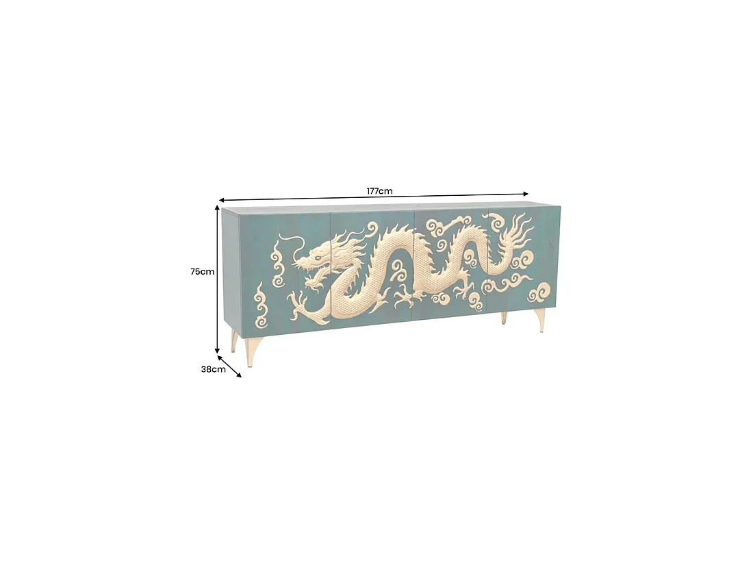 Buffet RYUJIN 177 cm – Bois de manguier turquoise et doré – 4 portes