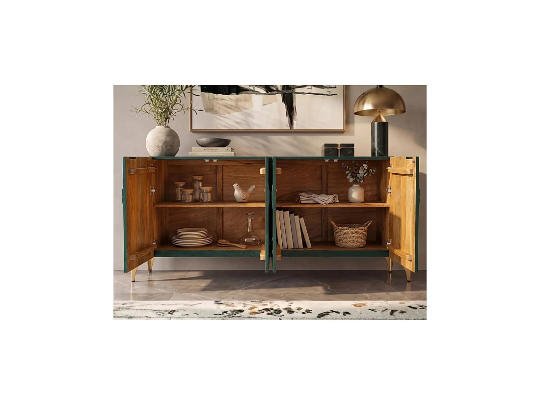 Buffet RYUJIN 177 cm – Bois de manguier turquoise et doré – 4 portes