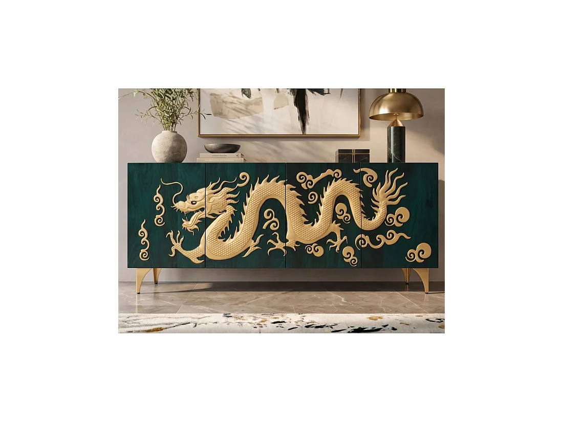 Buffet RYUJIN 177 cm – Bois de manguier turquoise et doré – 4 portes