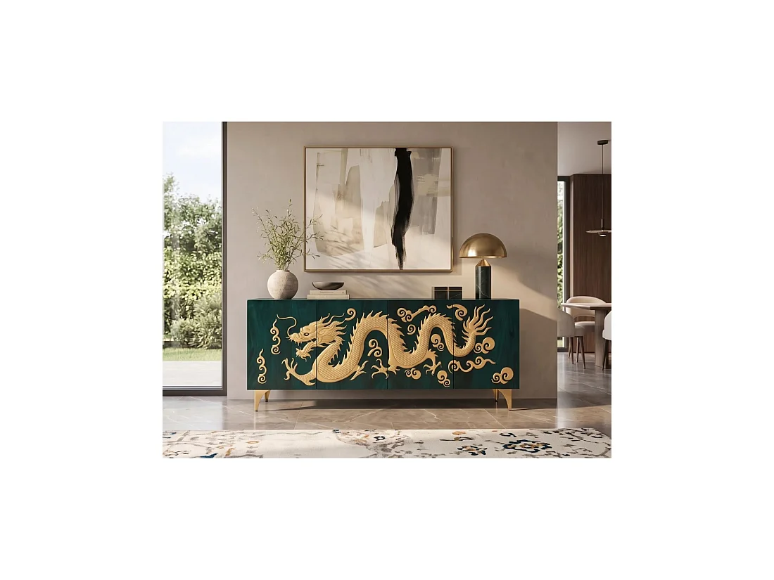 Buffet RYUJIN 177 cm – Bois de manguier turquoise et doré – 4 portes