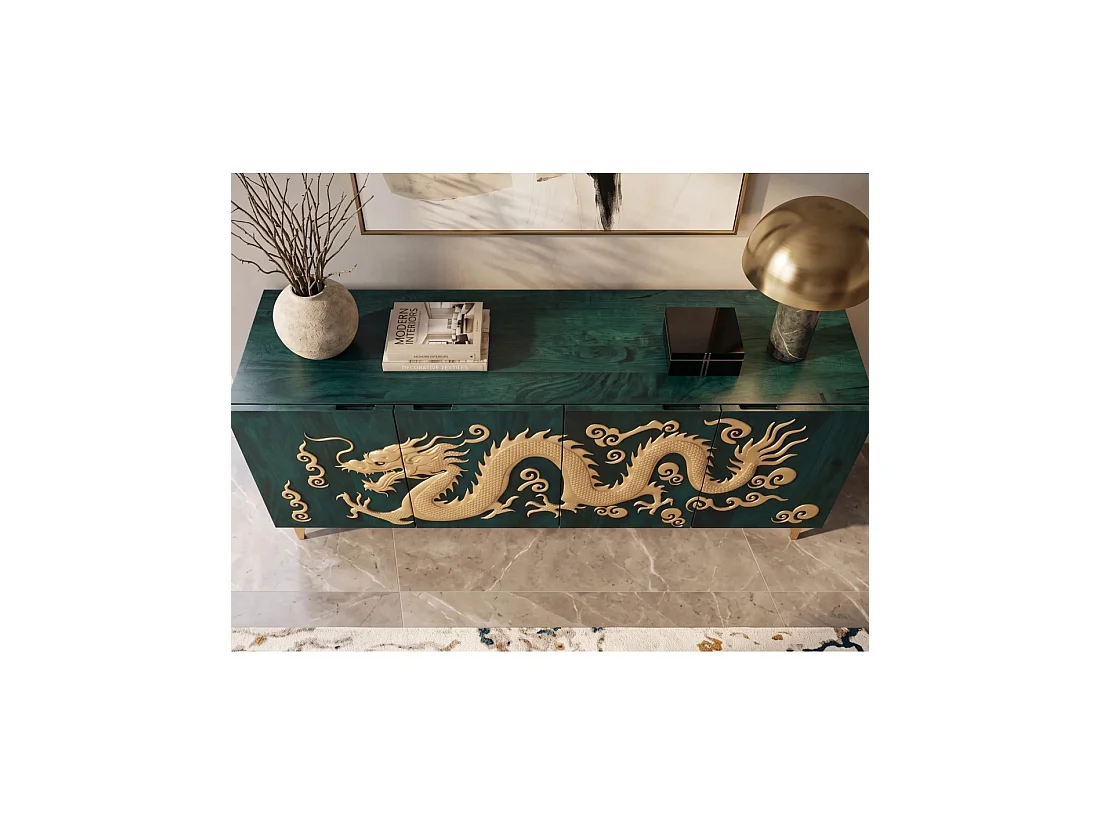 Buffet RYUJIN 177 cm – Bois de manguier turquoise et doré – 4 portes