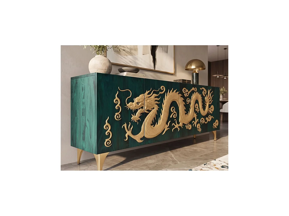 Buffet RYUJIN 177 cm – Bois de manguier turquoise et doré – 4 portes
