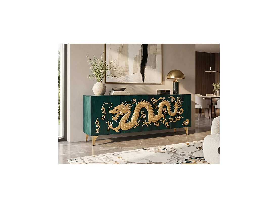 Buffet RYUJIN 177 cm – Bois de manguier turquoise et doré – 4 portes