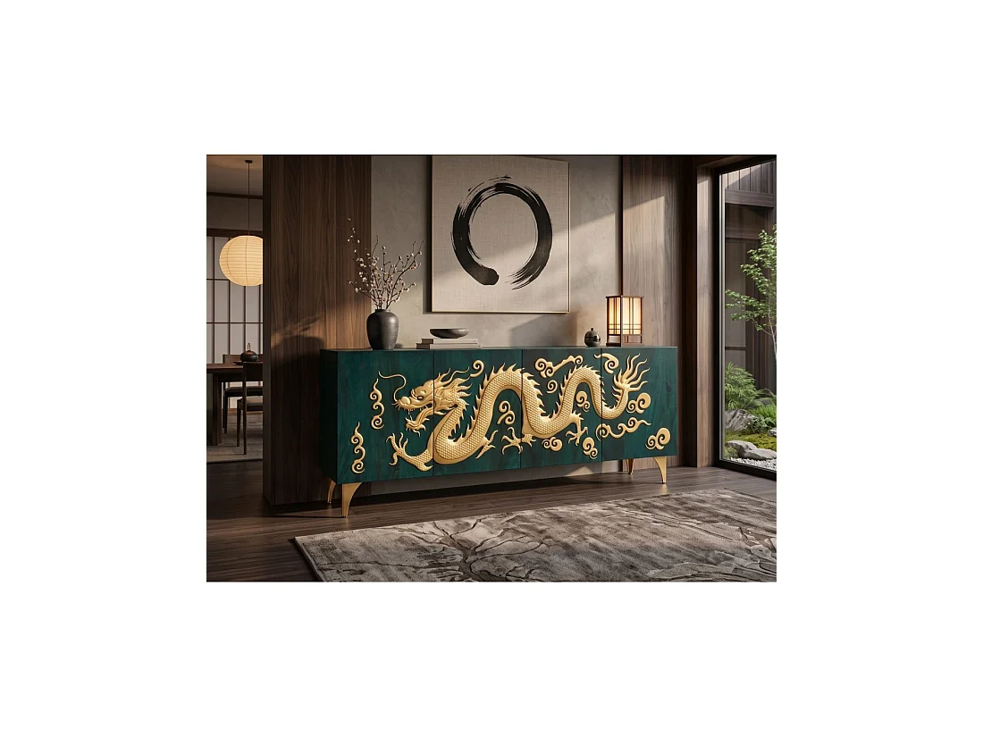 Buffet RYUJIN 177 cm – Bois de manguier turquoise et doré – 4 portes