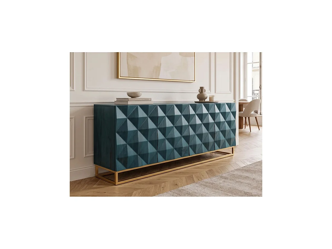 Buffet TERRAKAN 177 cm – Bois de manguier turquoise et doré – 4 portes