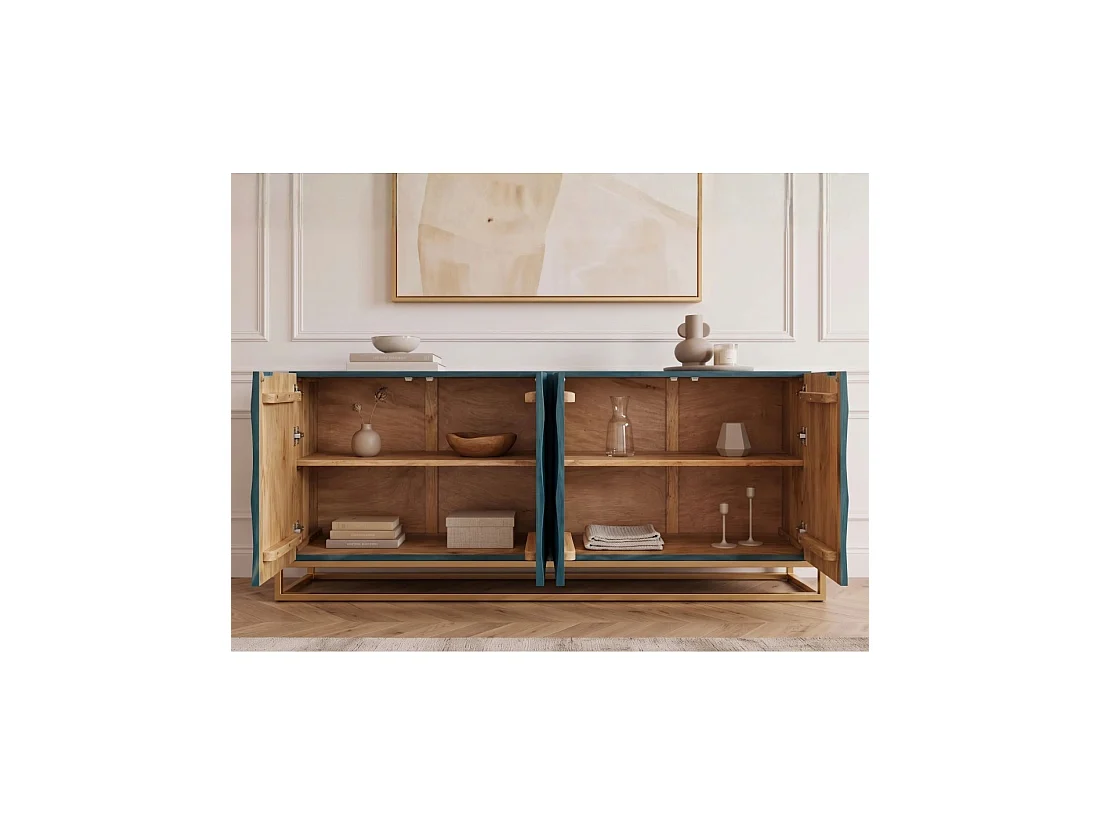 Buffet TERRAKAN 177 cm – Bois de manguier turquoise et doré – 4 portes