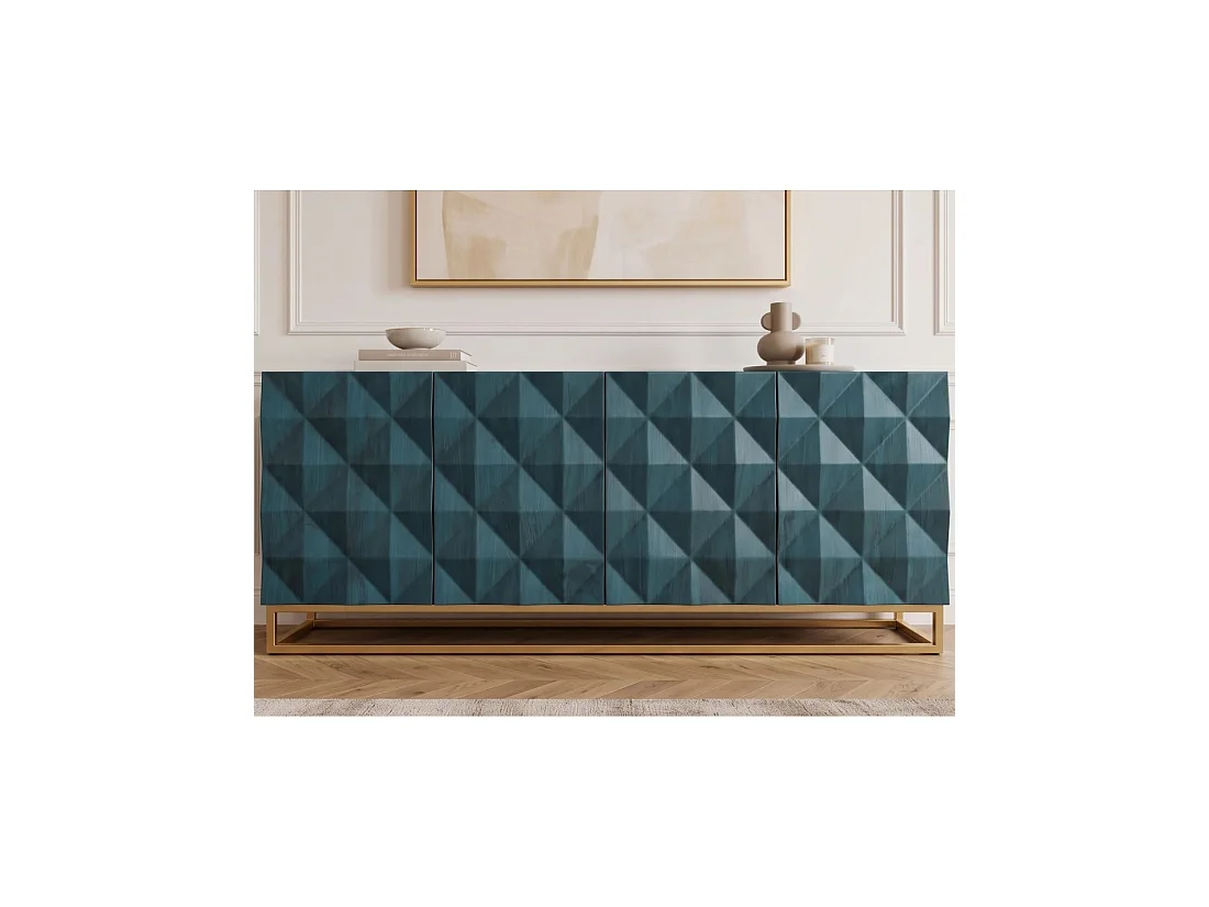 Buffet TERRAKAN 177 cm – Bois de manguier turquoise et doré – 4 portes