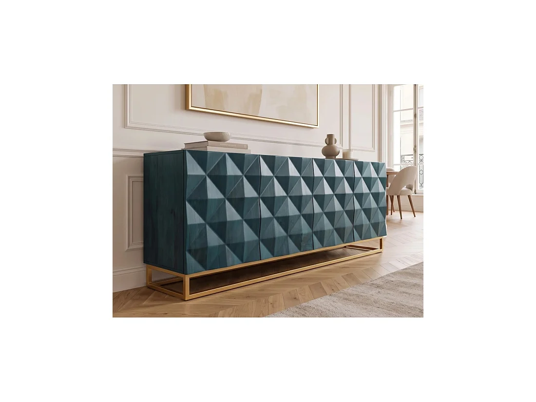 Buffet TERRAKAN 177 cm – Bois de manguier turquoise et doré – 4 portes