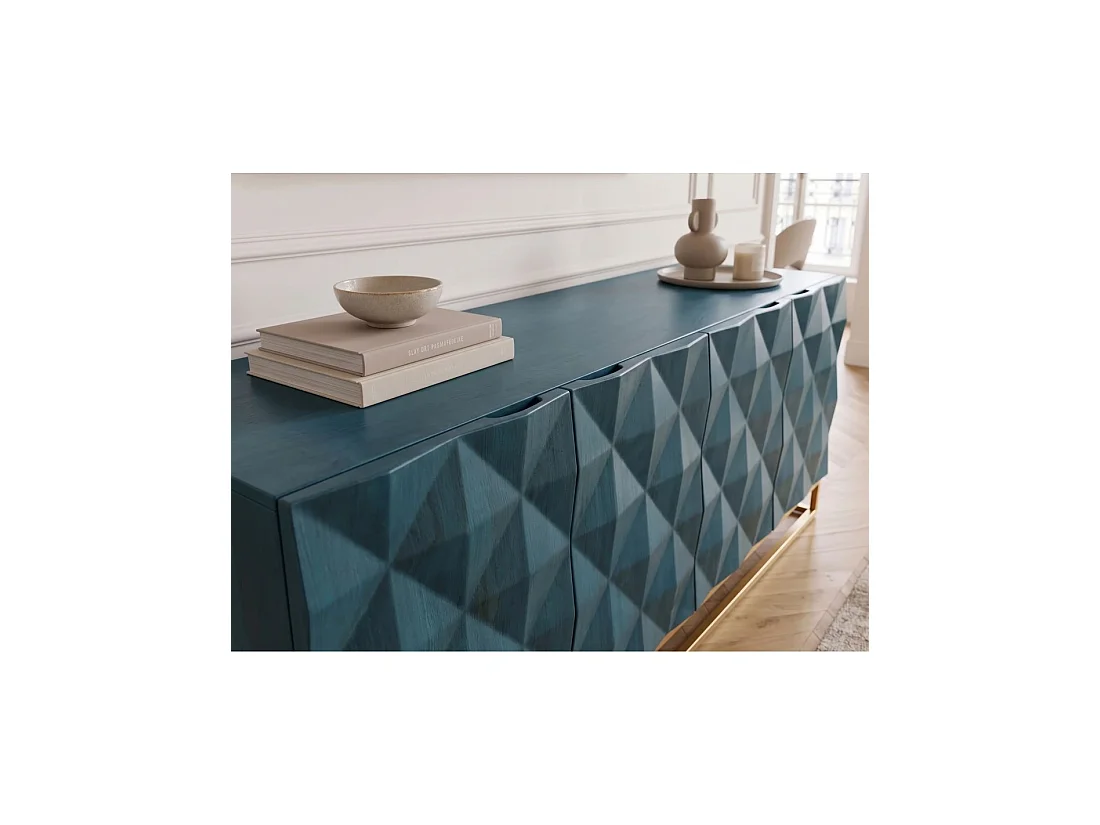 Buffet TERRAKAN 177 cm – Bois de manguier turquoise et doré – 4 portes