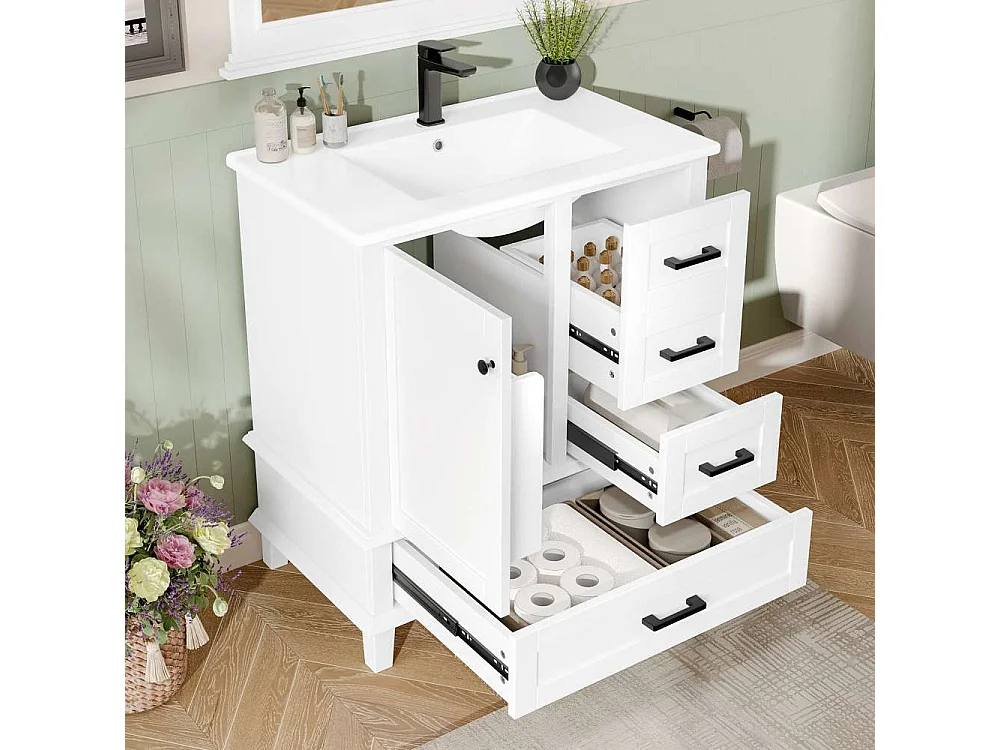 Meuble de salle de bain 73x45,5x83,5cm avec lavabo en céramique, 3 tiroirs et étagères réglables, étanche et durable, design moderne