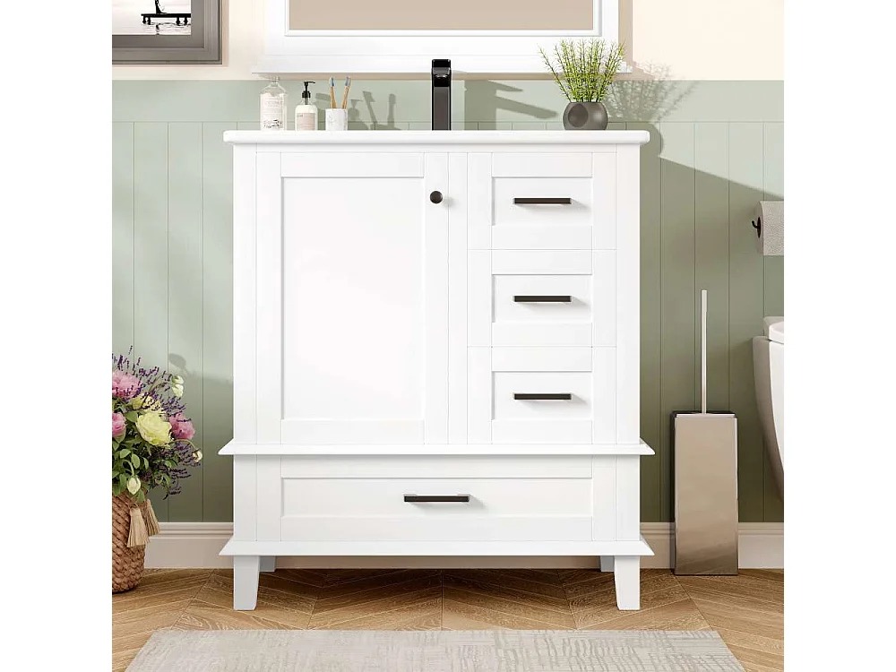 Meuble de salle de bain 73x45,5x83,5cm avec lavabo en céramique, 3 tiroirs et étagères réglables, étanche et durable, design moderne