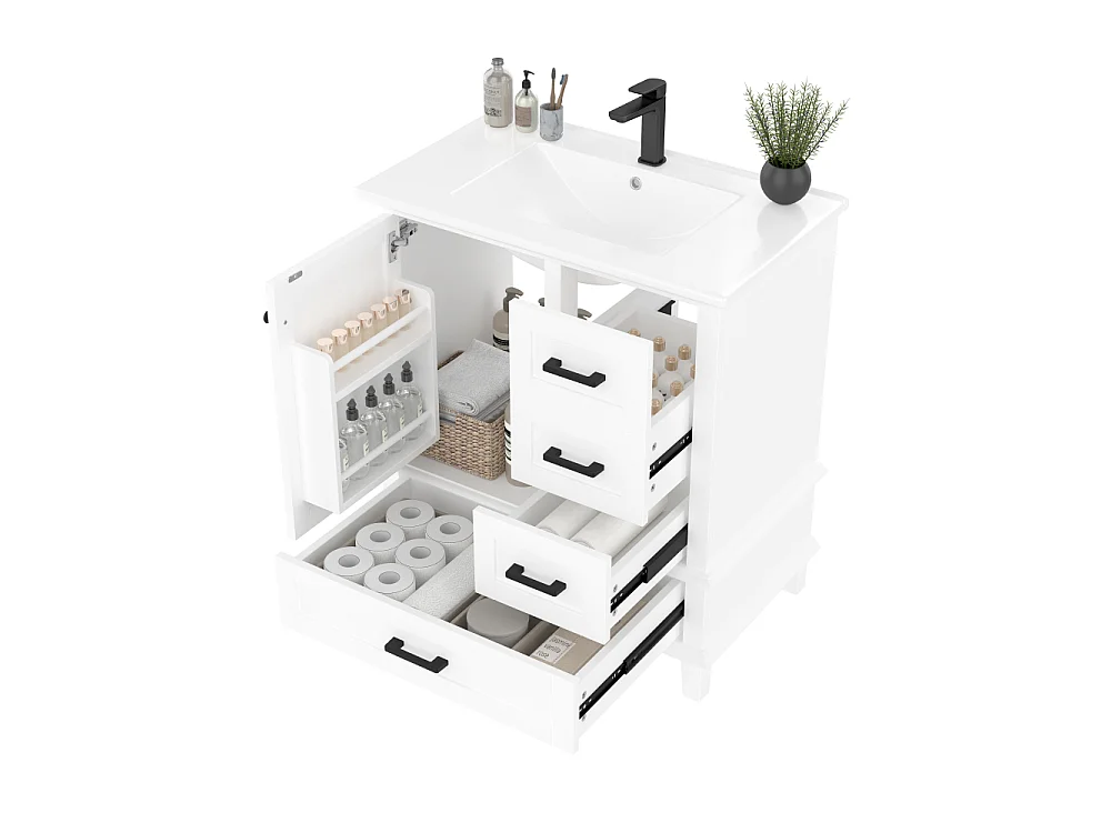 Meuble de salle de bain 73x45,5x83,5cm avec lavabo en céramique, 3 tiroirs et étagères réglables, étanche et durable, design moderne