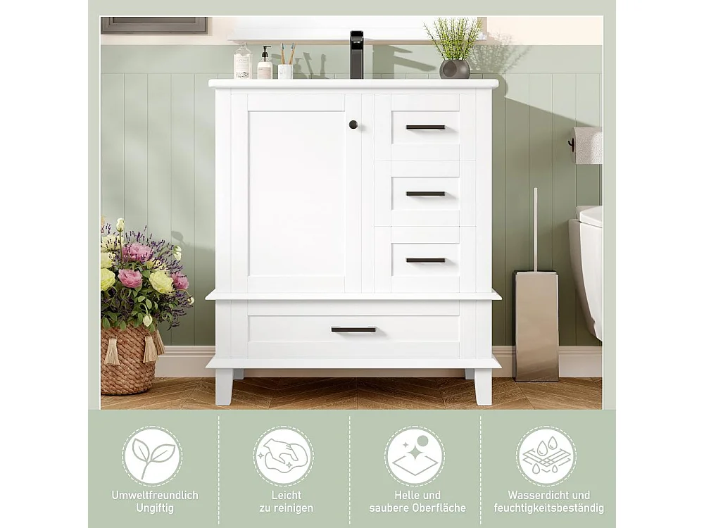 Meuble de salle de bain 73x45,5x83,5cm avec lavabo en céramique, 3 tiroirs et étagères réglables, étanche et durable, design moderne