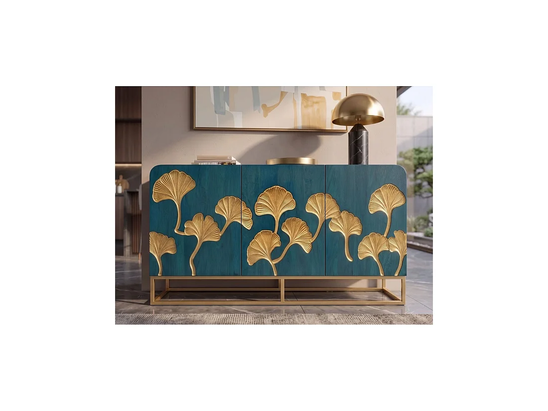 Buffet LOTUSIA 160 cm – Bois de manguier turquoise et doré – 3 portes