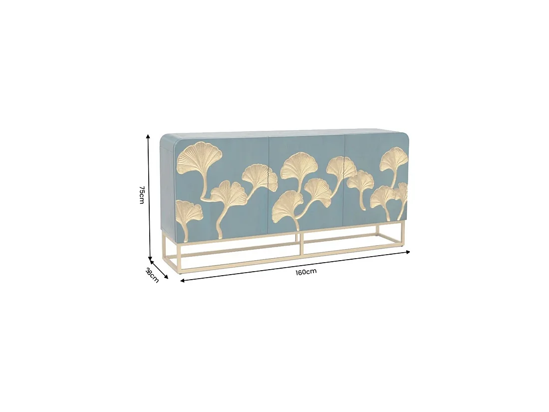 Buffet LOTUSIA 160 cm – Bois de manguier turquoise et doré – 3 portes
