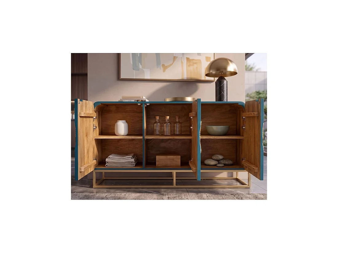 Buffet LOTUSIA 160 cm – Bois de manguier turquoise et doré – 3 portes