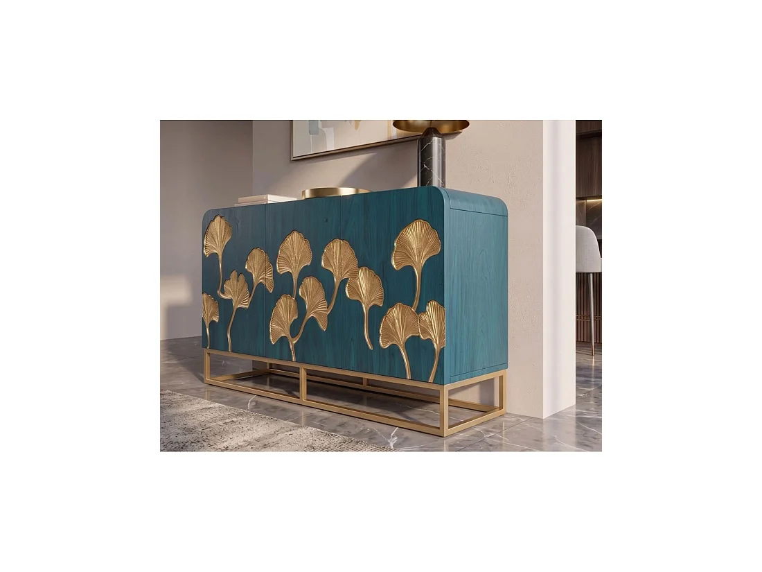 Buffet LOTUSIA 160 cm – Bois de manguier turquoise et doré – 3 portes