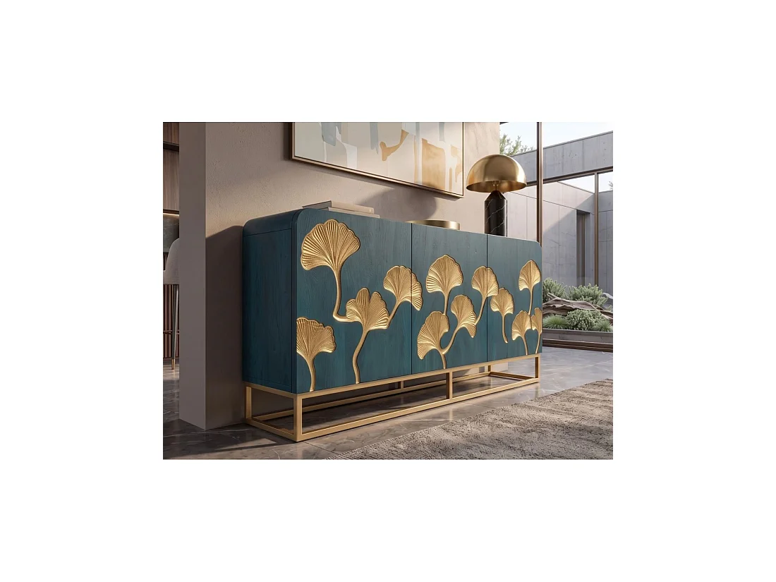 Buffet LOTUSIA 160 cm – Bois de manguier turquoise et doré – 3 portes
