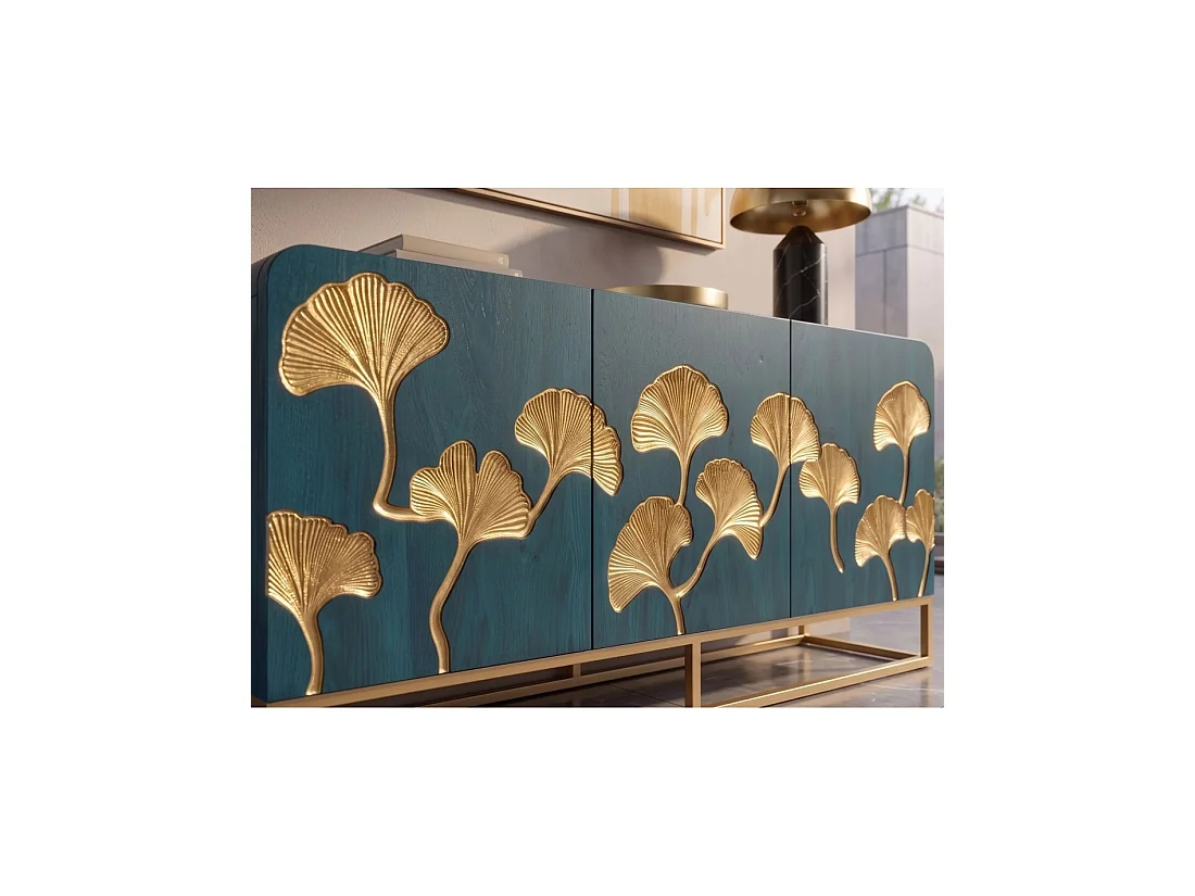 Buffet LOTUSIA 160 cm – Bois de manguier turquoise et doré – 3 portes