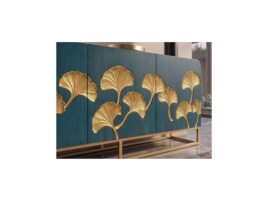 Buffet LOTUSIA 160 cm – Bois de manguier turquoise et doré – 3 portes
