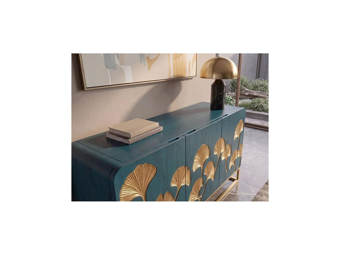 Buffet LOTUSIA 160 cm – Bois de manguier turquoise et doré – 3 portes
