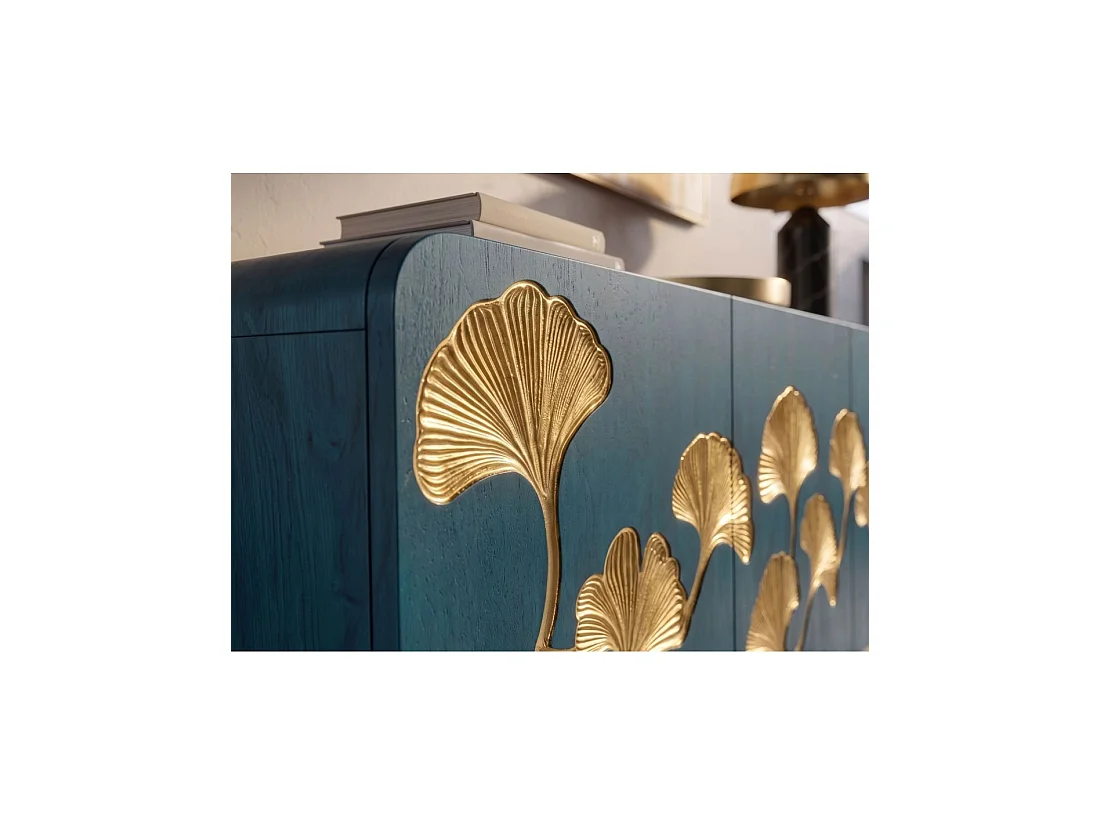 Buffet LOTUSIA 160 cm – Bois de manguier turquoise et doré – 3 portes