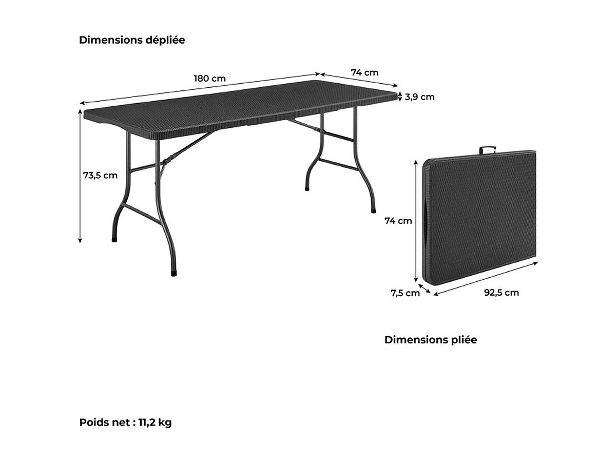 Table de réception pliante 8 personnes 180x74 x73.5cm - Structure en acier et plateau en polyéthylene - Aspect résine tressé