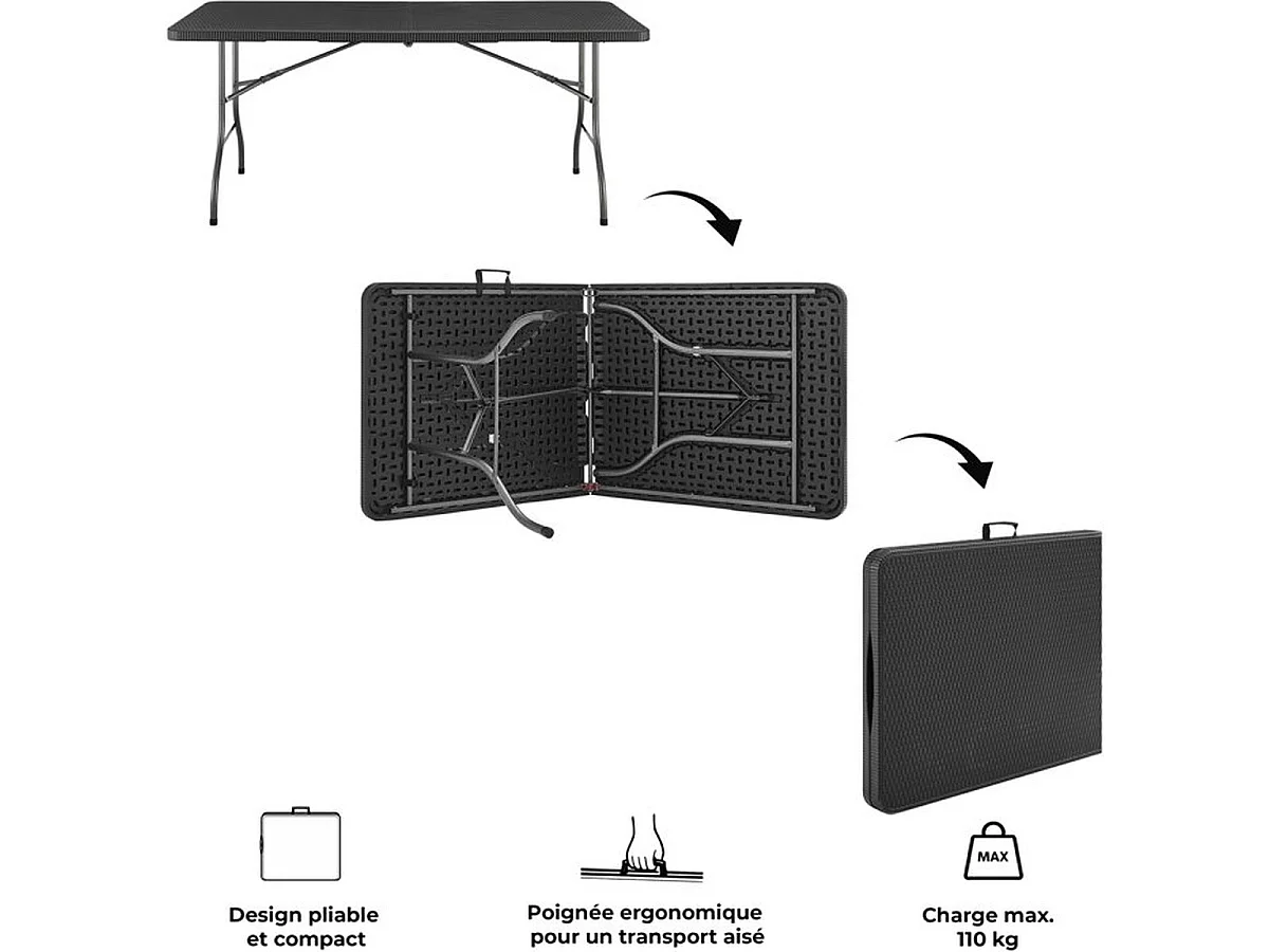 Table de réception pliante 8 personnes 180x74 x73.5cm - Structure en acier et plateau en polyéthylene - Aspect résine tressé