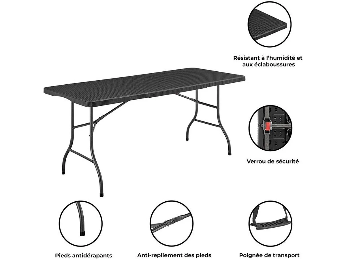 Table de réception pliante 8 personnes 180x74 x73.5cm - Structure en acier et plateau en polyéthylene - Aspect résine tressé