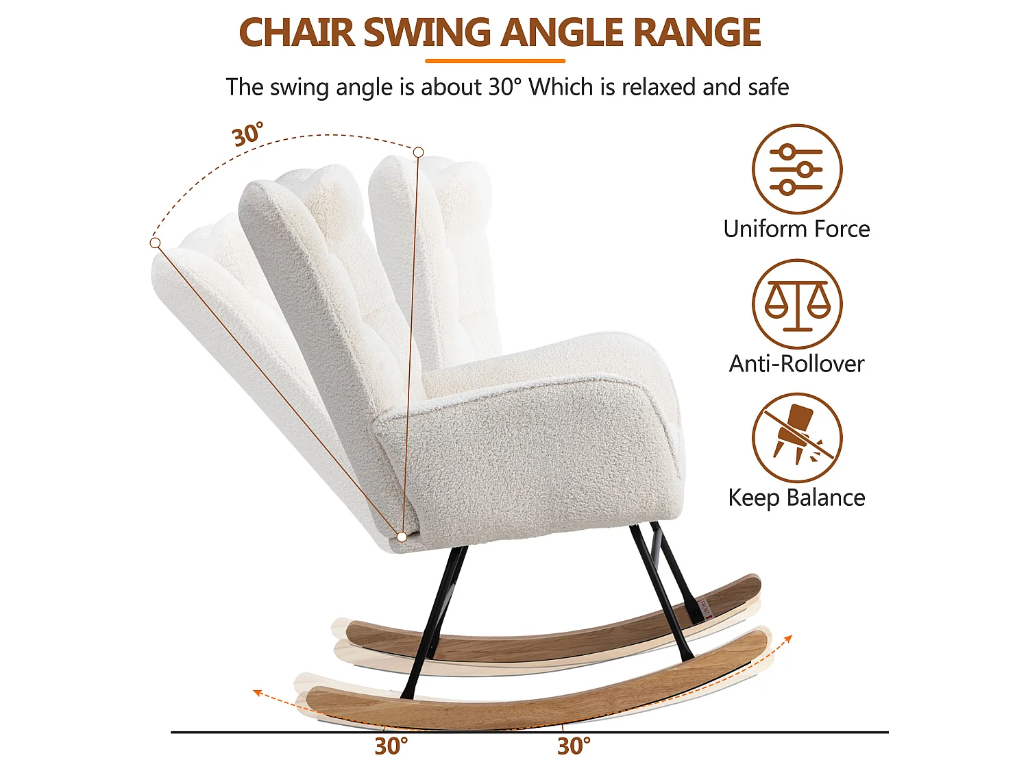 Sedia a dondolo bianca alta 92 cm, larghezza seduta 65 cm - con 1 cuscino per la testa e 1 pouf (49*38*38 cm), base resistente in gomma