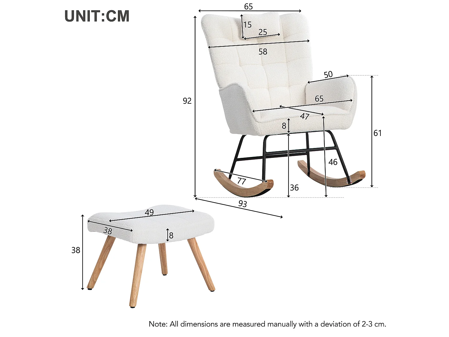 Sedia a dondolo bianca alta 92 cm, larghezza seduta 65 cm - con 1 cuscino per la testa e 1 pouf (49*38*38 cm), base resistente in gomma