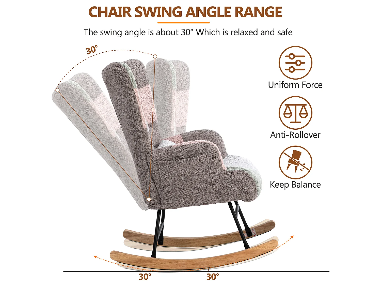 Fauteuil à bascule coloré, hauteur 93 cm, largeur d'assise 43cm - comprend 1 repose-pieds (49*38*37 cm) et 1 coussin lombaire, châssis en bois d'hévéa