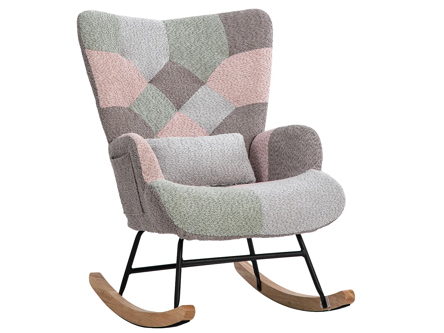 Fauteuil à bascule coloré, hauteur 93 cm, largeur d'assise 43cm - comprend 1 repose-pieds (49*38*37 cm) et 1 coussin lombaire, châssis en bois d'hévéa