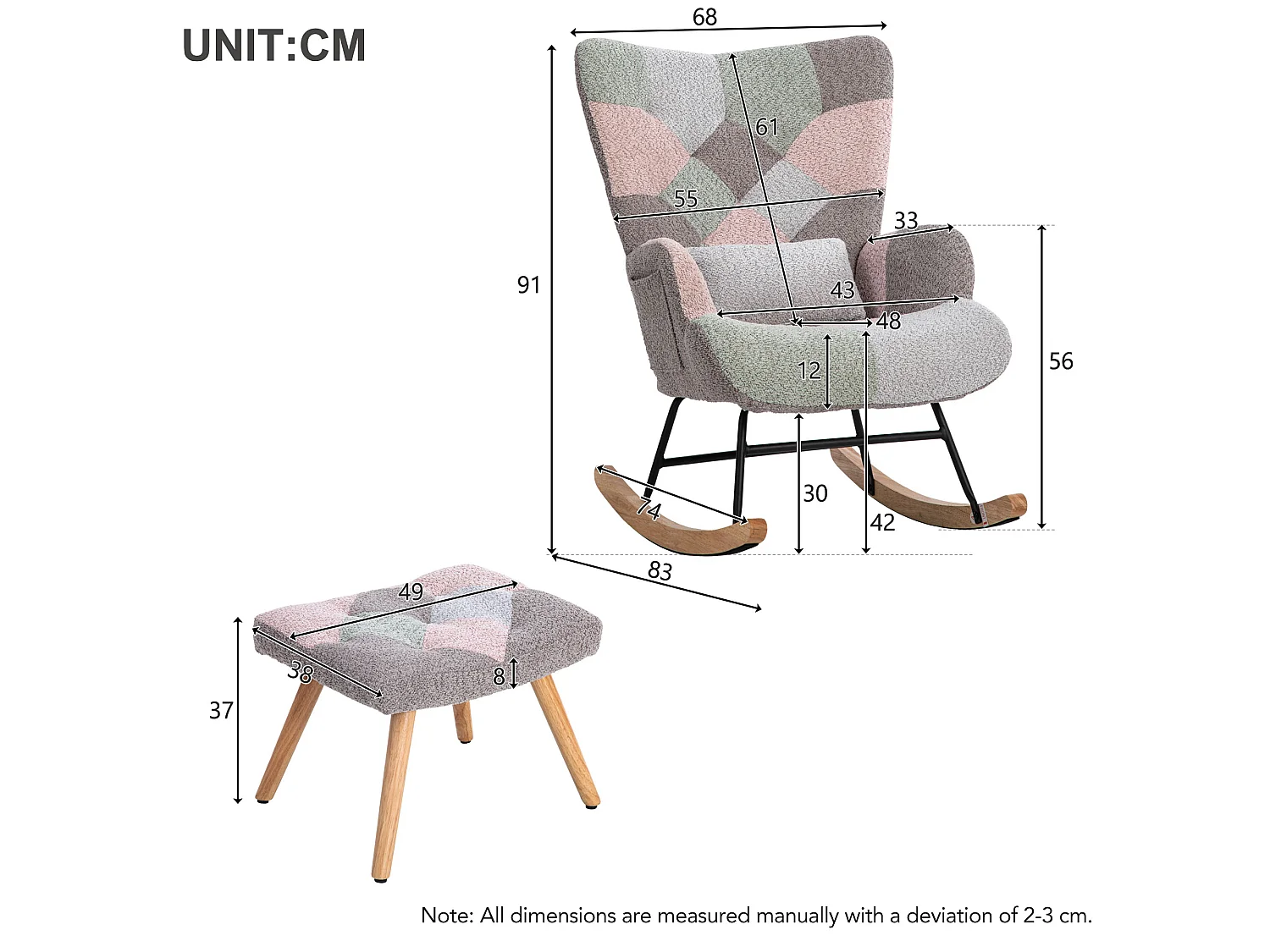 Fauteuil à bascule coloré, hauteur 93 cm, largeur d'assise 43cm - comprend 1 repose-pieds (49*38*37 cm) et 1 coussin lombaire, châssis en bois d'hévéa