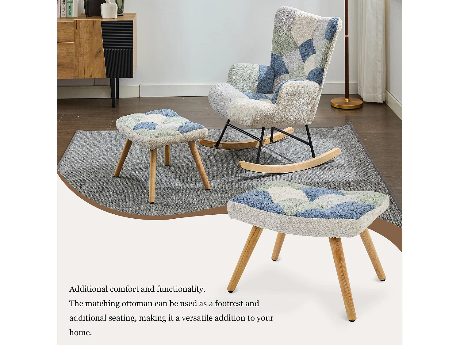 Chaise Longue à Balancier avec Repose-pieds, Fauteuil Moderne en Tissu Patchwork avec Housse en Pied-de-Poule, Charge maximale de 110 kg