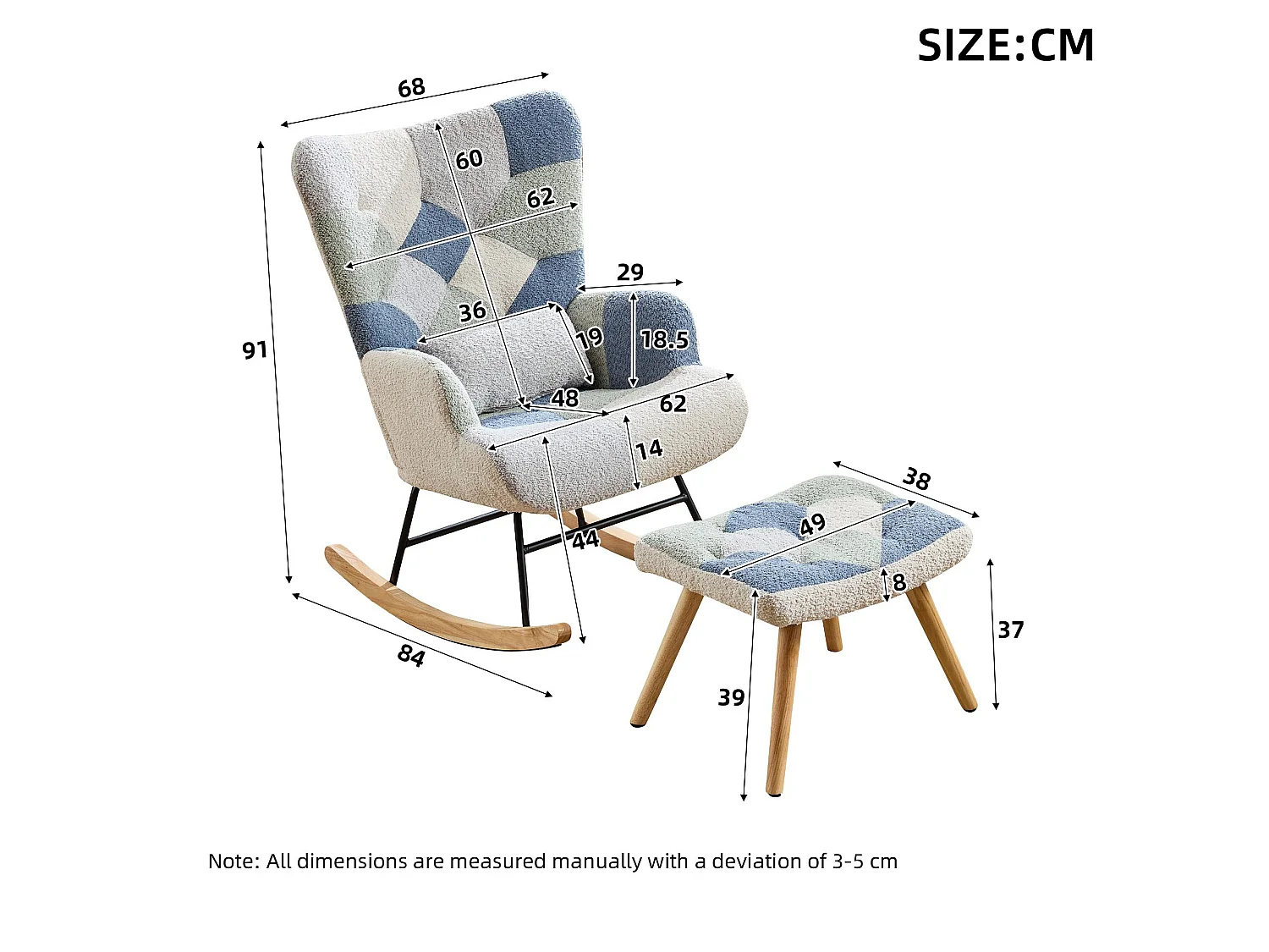 Chaise Longue à Balancier avec Repose-pieds, Fauteuil Moderne en Tissu Patchwork avec Housse en Pied-de-Poule, Charge maximale de 110 kg